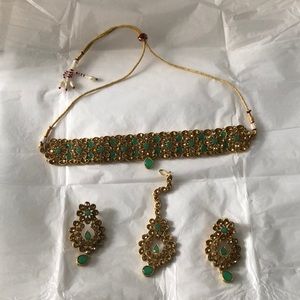 Indian party wear set 3pcs forehead piece, earrings and necklace
